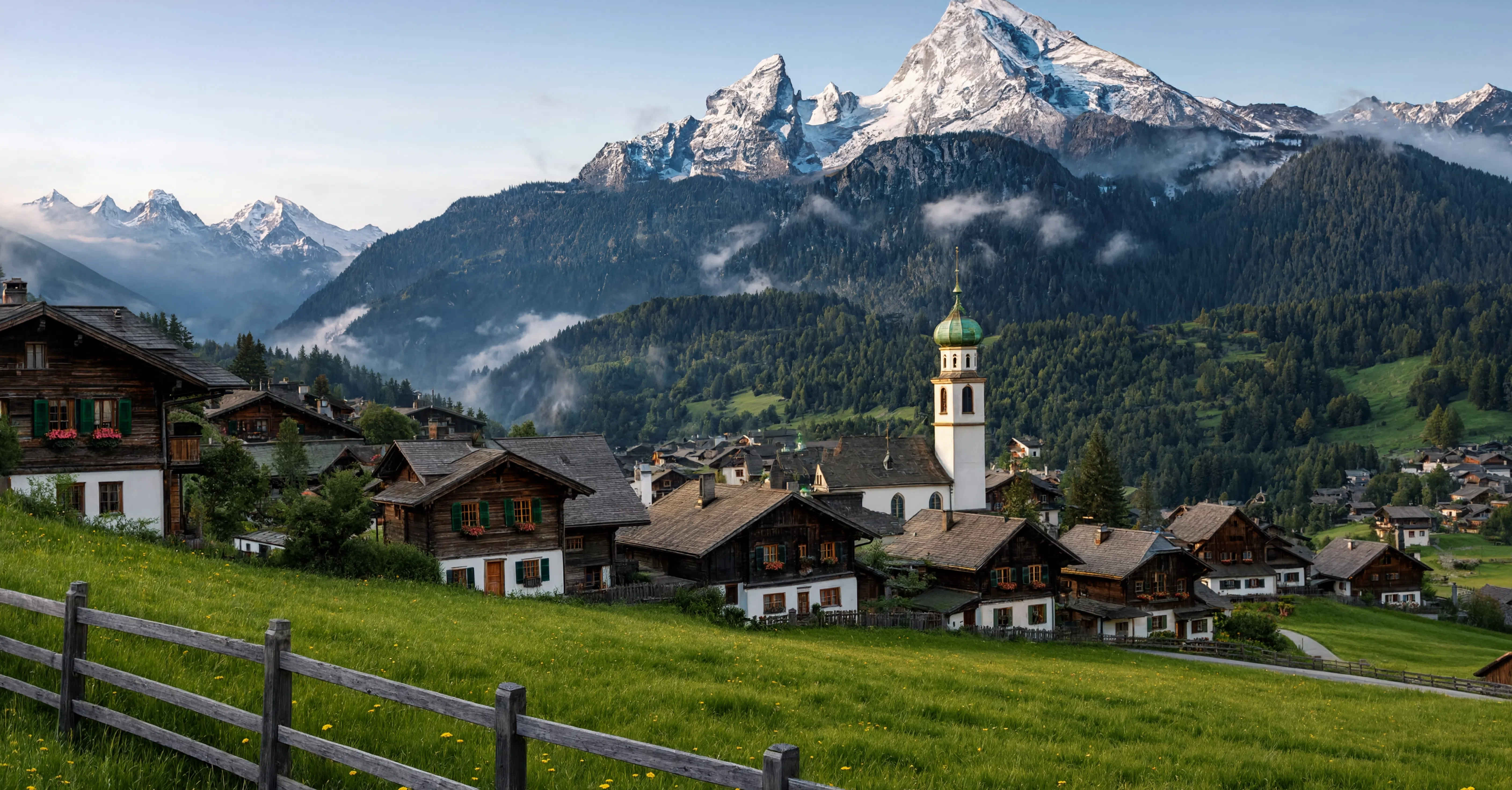 Alpines Dorf im Morgennebel der Bayerischen Alpen